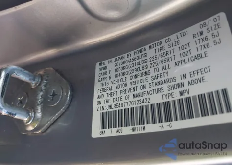 2007 Honda Cr-V Ex-L z USA, uszkodzony, nr VIN JHLRE48777C123422